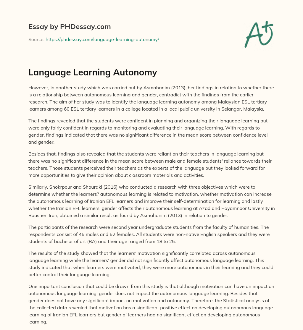 Language Learning Autonomy 400 Words PHDessay