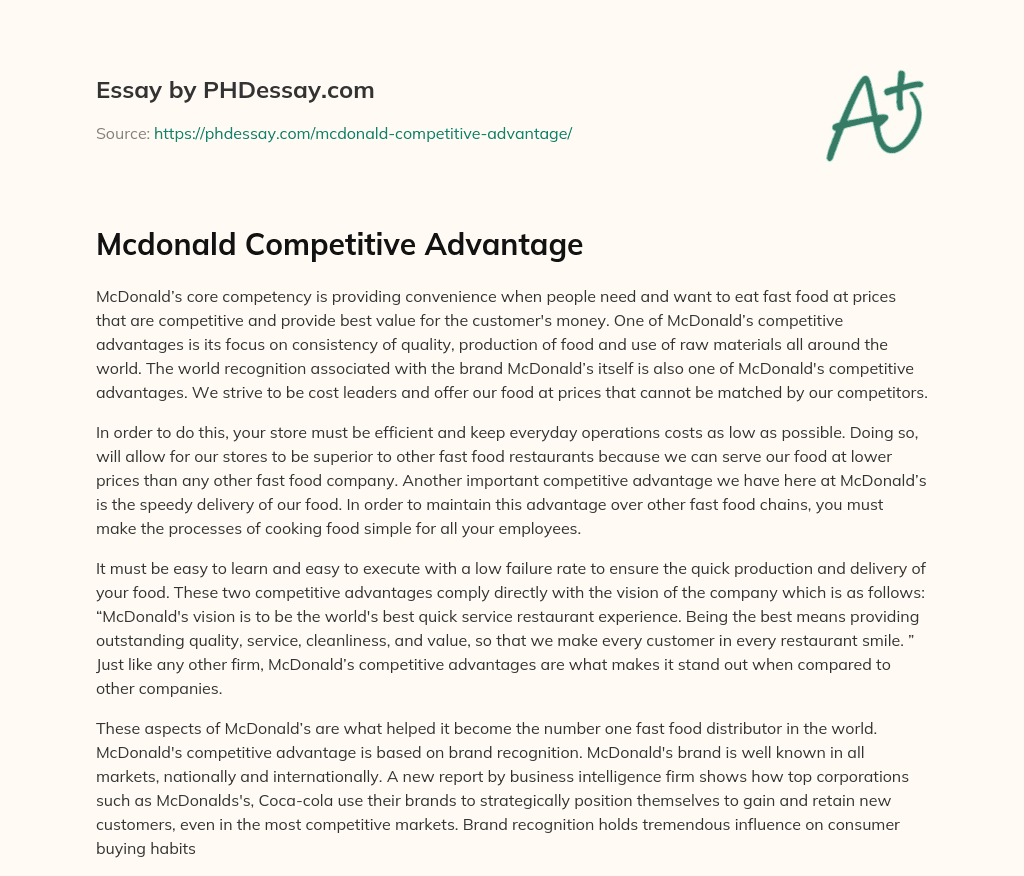 Mcdonald Competitive Advantage 400 Words PHDessay