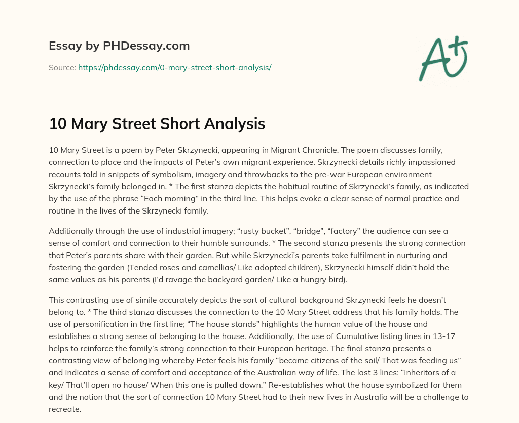 10 Mary Street Short Analysis essay