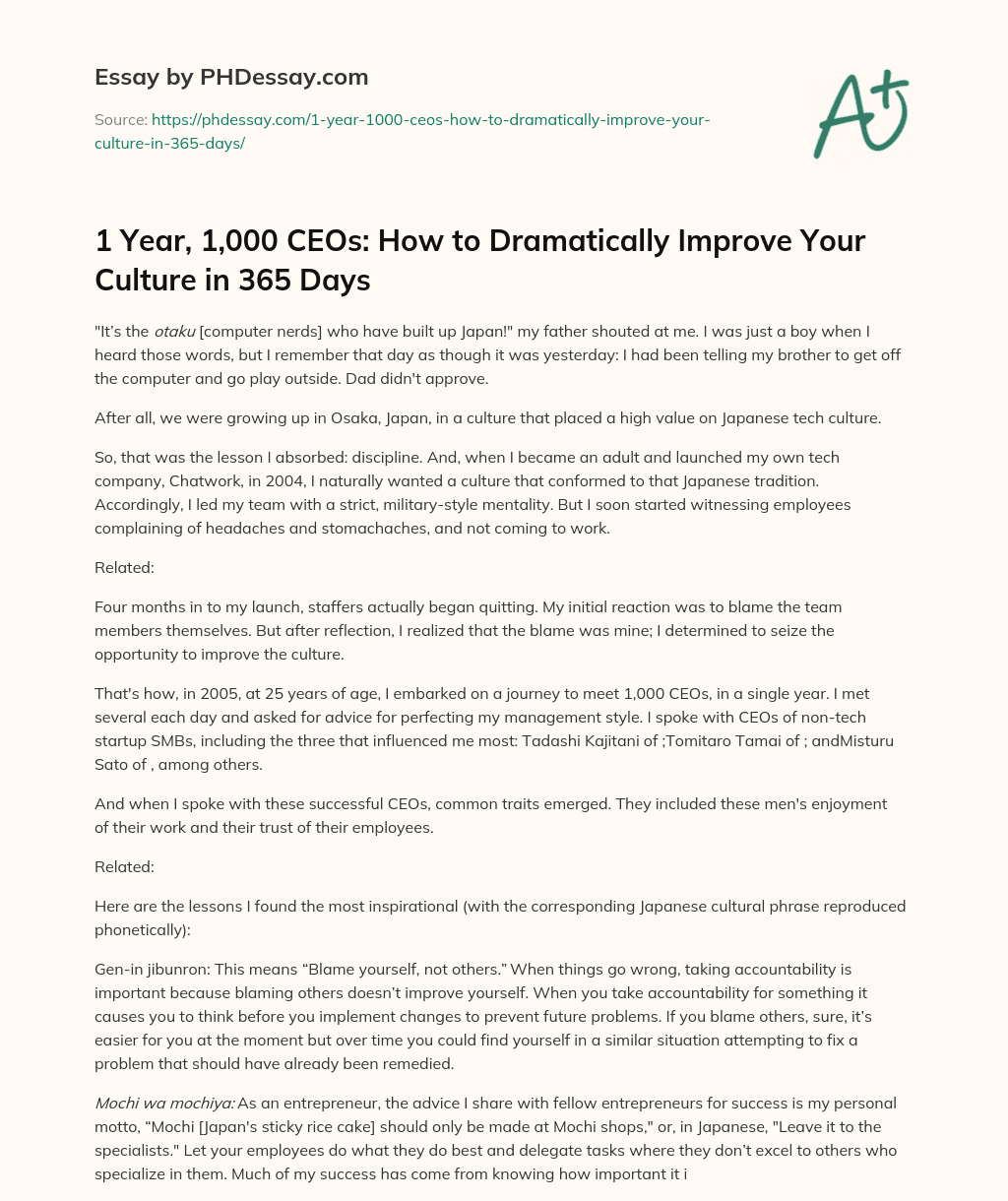 1 Year, 1,000 CEOs: How to Dramatically Improve Your Culture in 365 Days essay