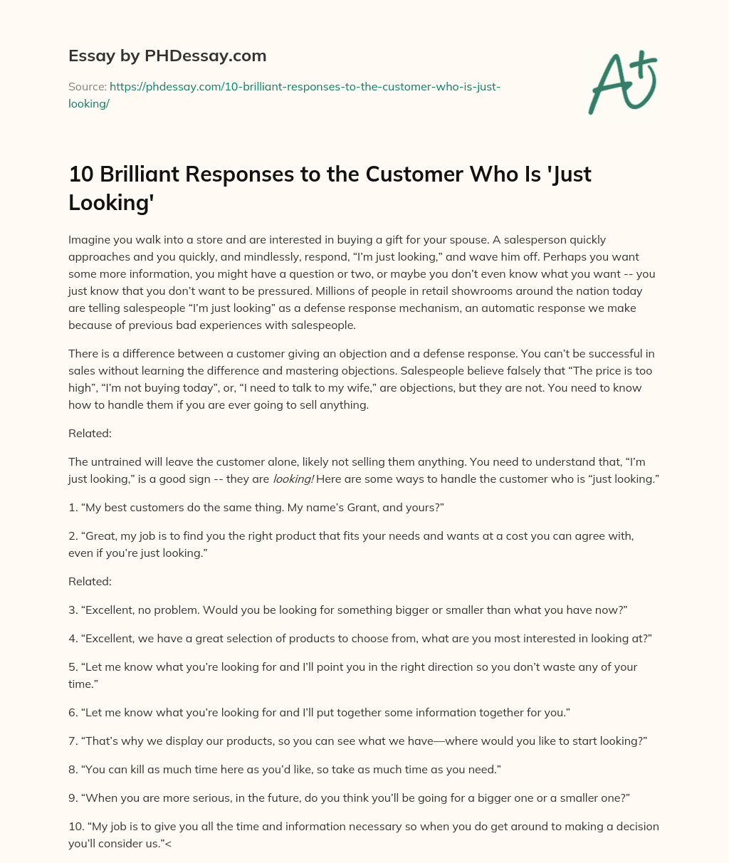 10 Brilliant Responses to the Customer Who Is ‘Just Looking’ essay