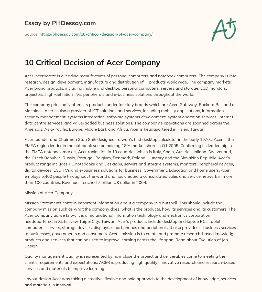 10 Critical Decision Of Acer Company Essay Example PHDessay