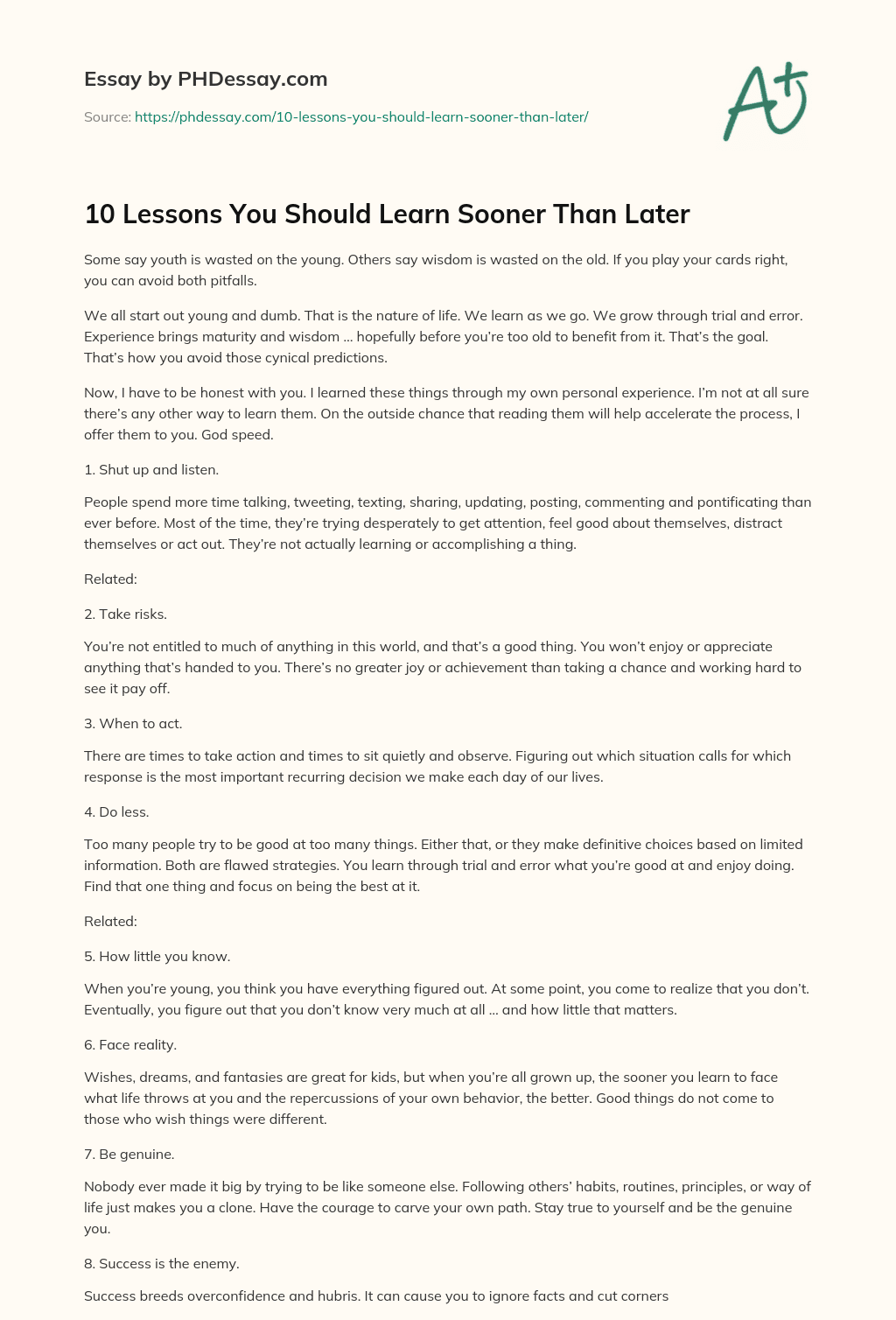 10 Lessons You Should Learn Sooner Than Later (600 Words) - PHDessay.com