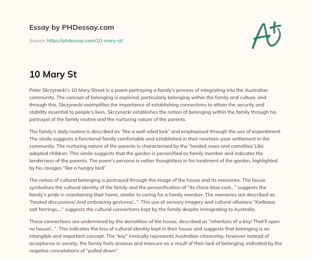 Belonging and Integration in Peter Skrzynecki’s 10 Mary Street essay