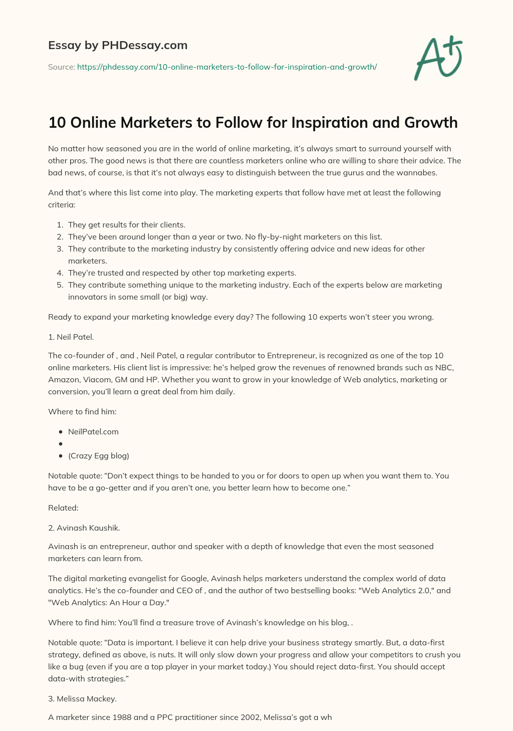 10 Online Marketers to Follow for Inspiration and Growth essay