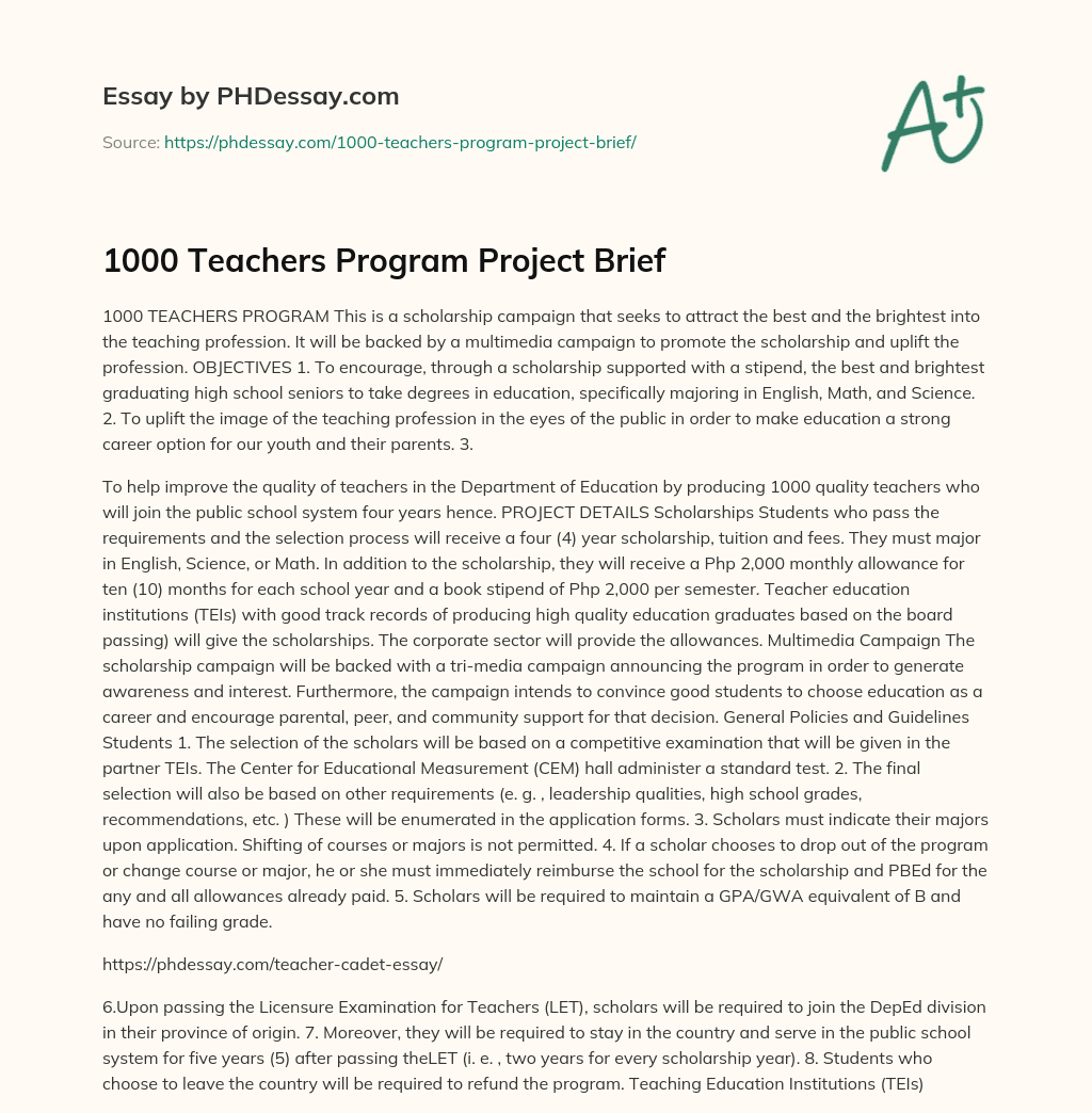 1000 Teachers Program Project Brief essay