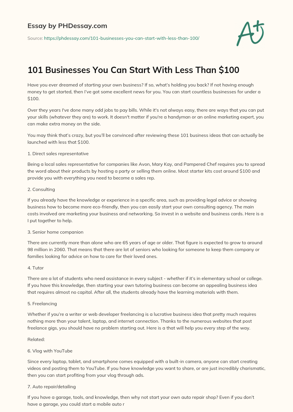 101 Businesses You Can Start With Less Than $100 essay