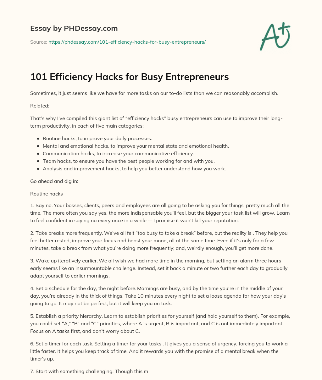 101 Efficiency Hacks for Busy Entrepreneurs essay