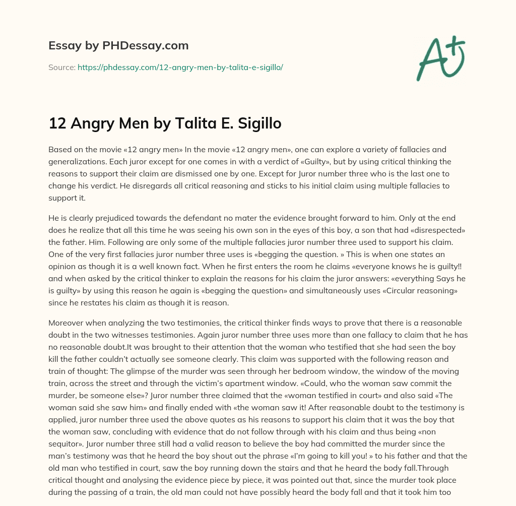 12 Angry Men by Talita E. Sigillo essay