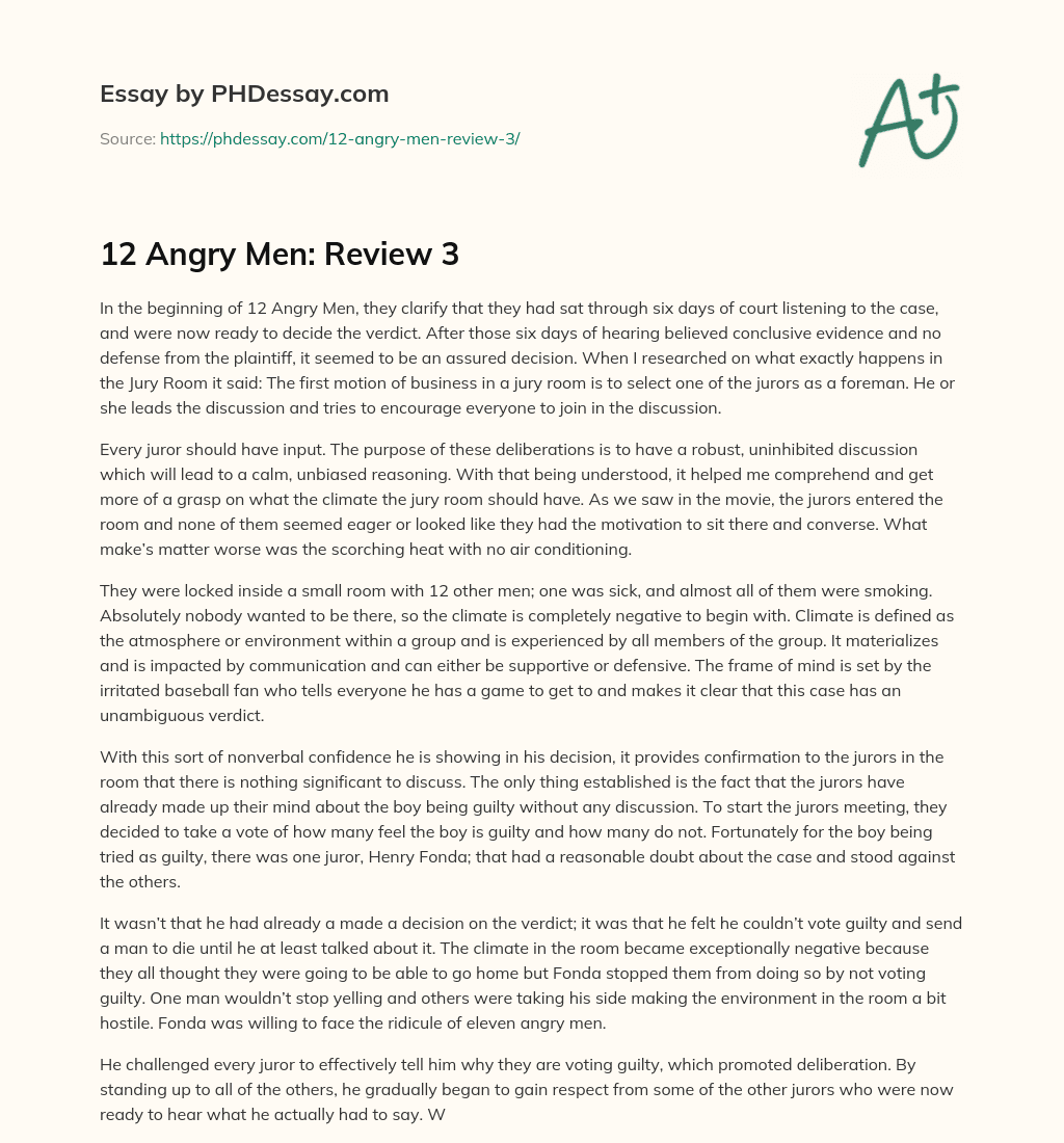 Importance of a Robust and Unbiased Jury Room Climate in 12 Angry Men essay