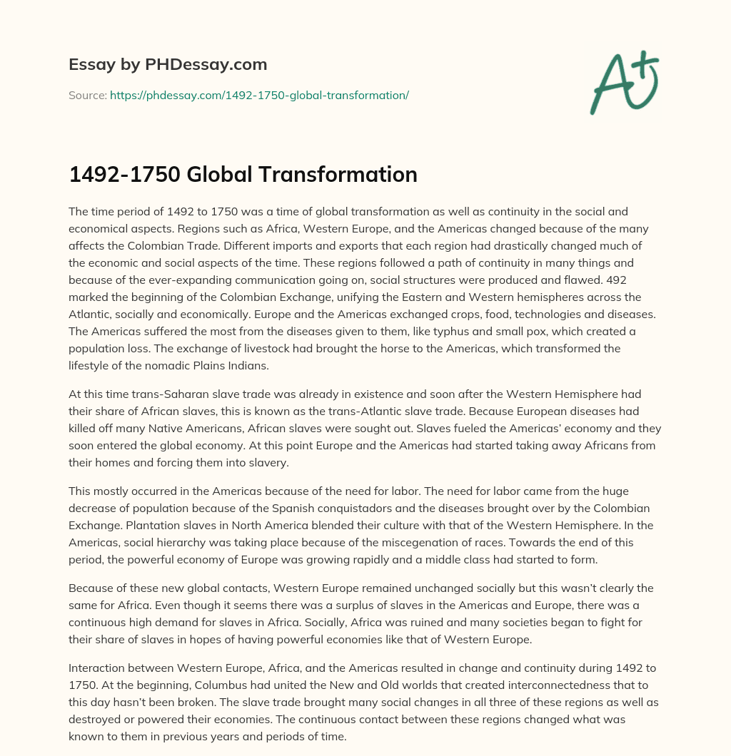 1492-1750 Global Transformation essay