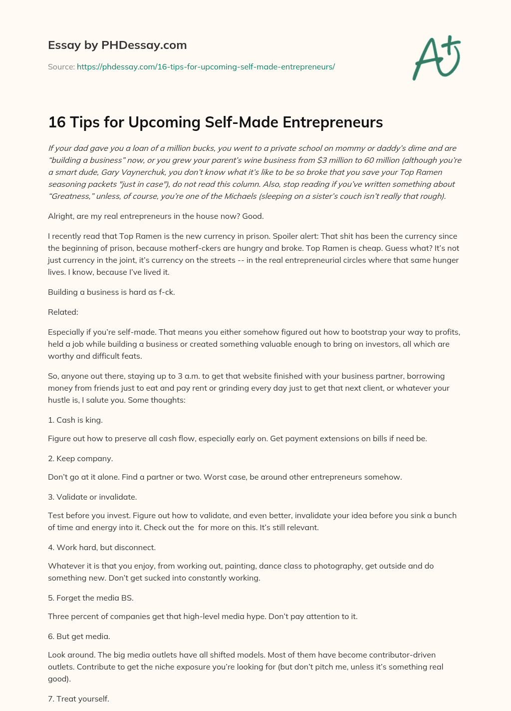 16 Tips for Upcoming Self-Made Entrepreneurs essay