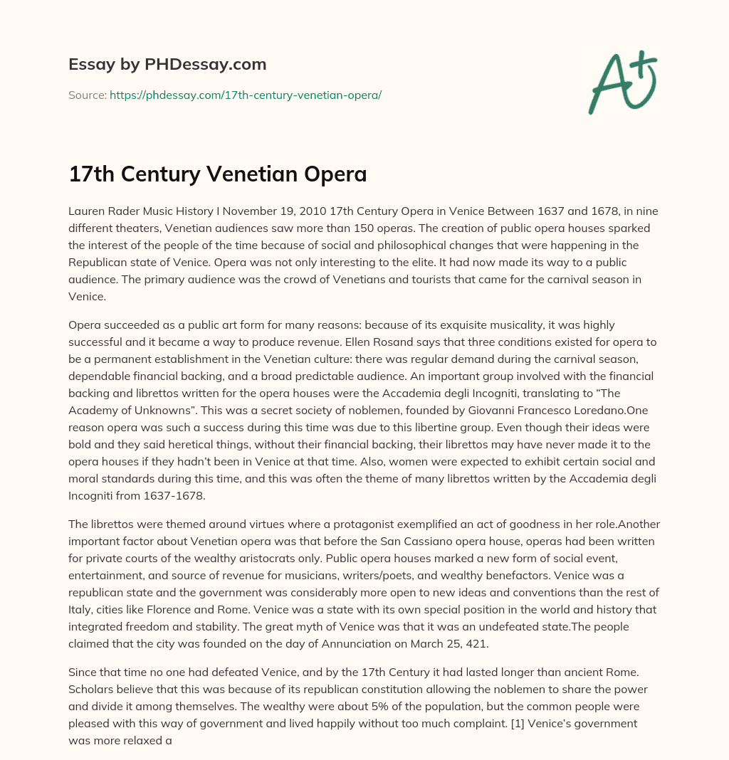 17th Century Venetian Opera essay