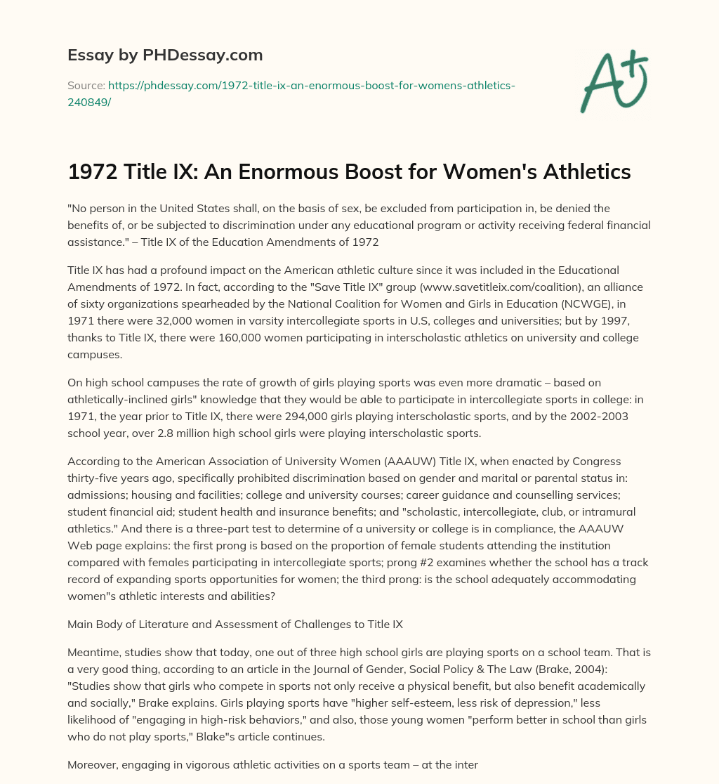 1972 Title IX: An Enormous Boost for Women’s Athletics essay