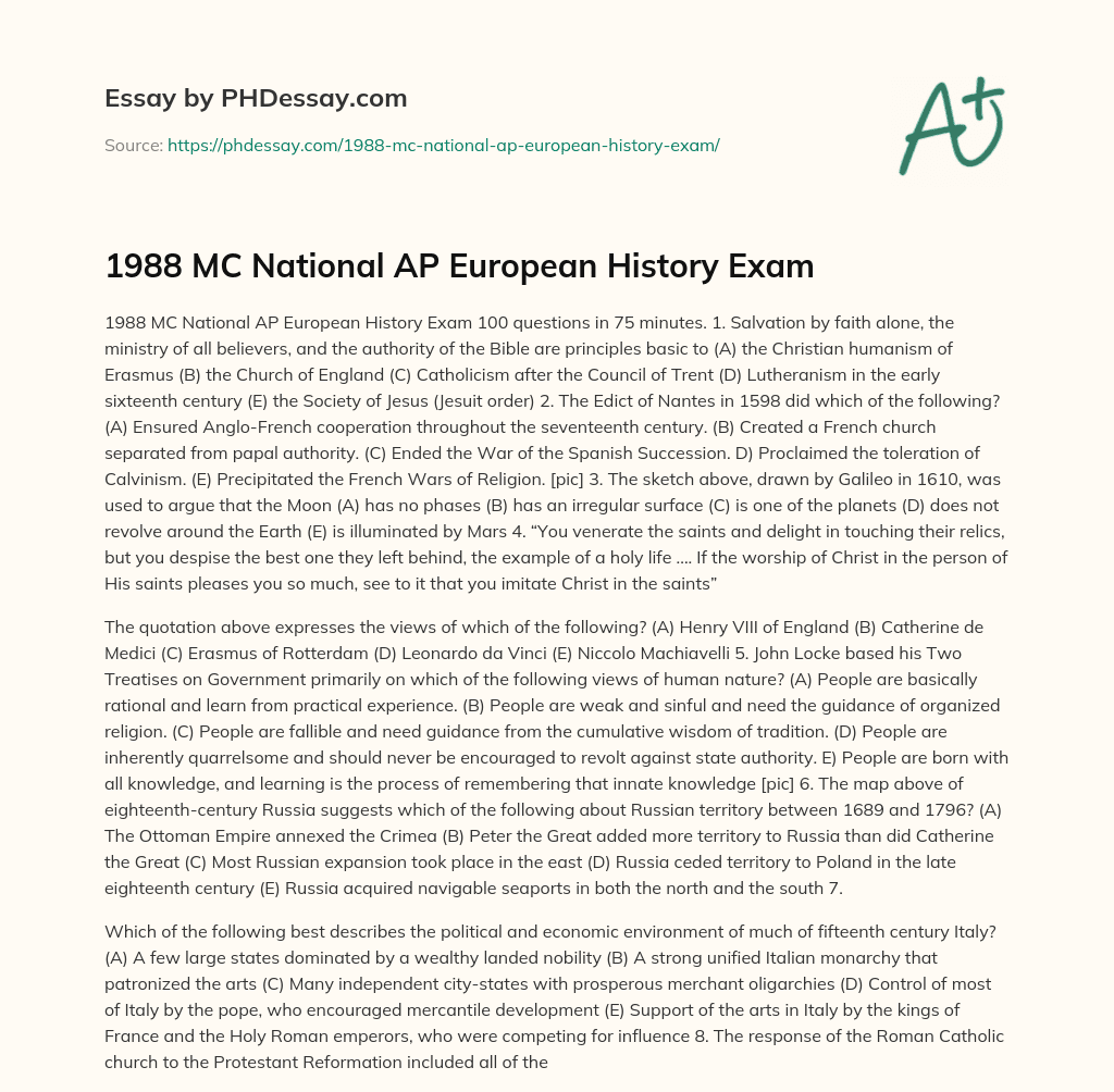 1988 MC National AP European History Exam essay