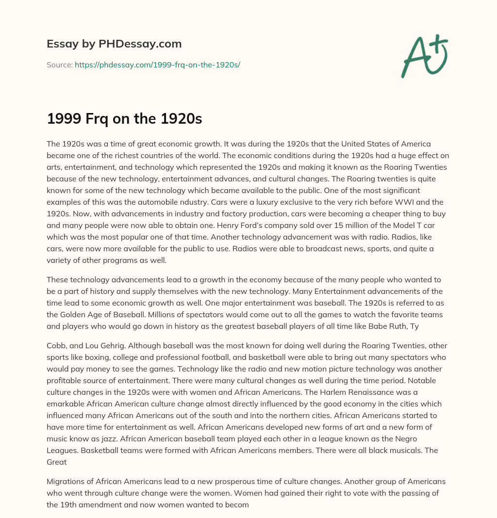 1999 Frq on the 1920s essay
