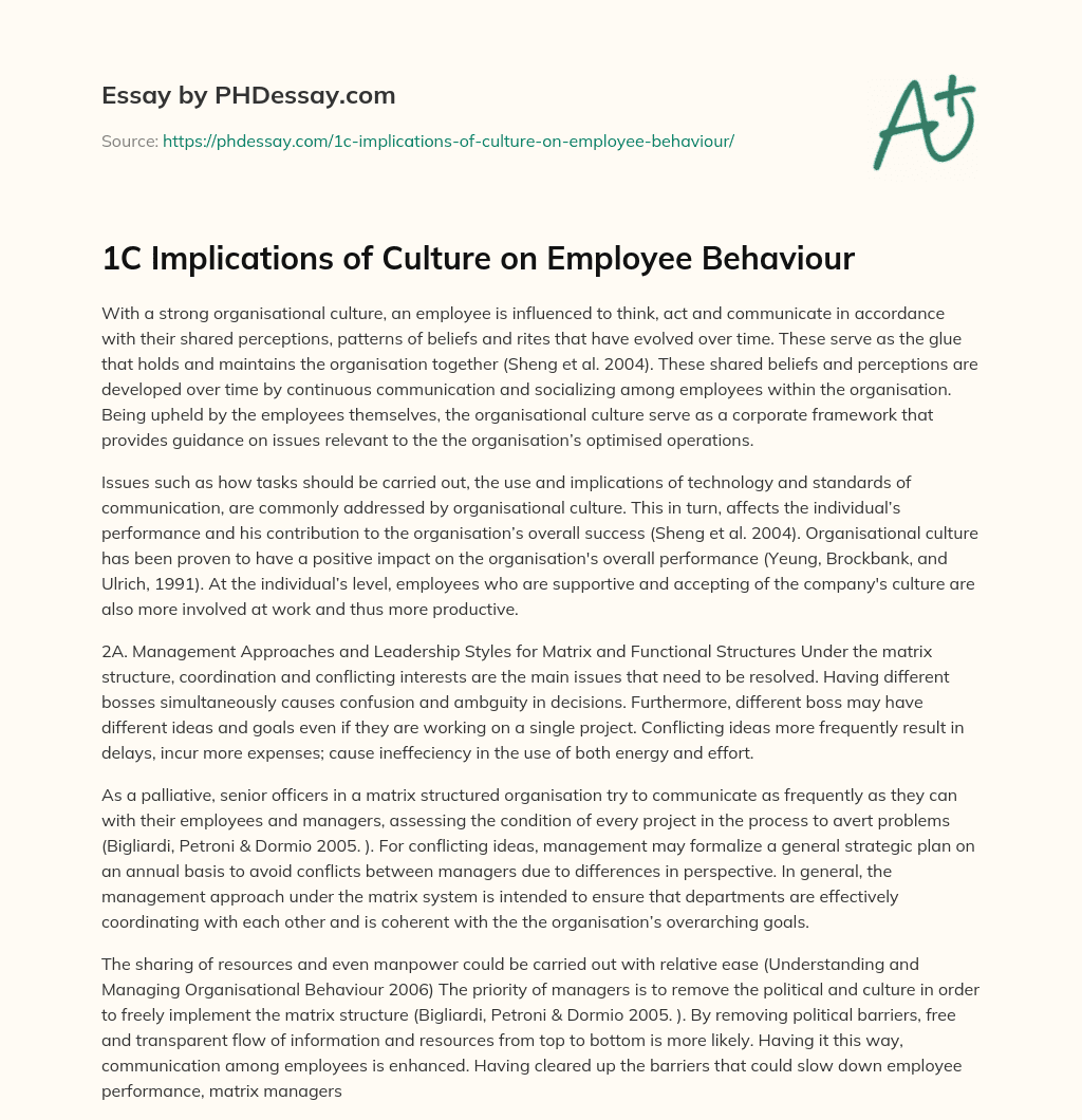 1C Implications of Culture on Employee Behaviour essay