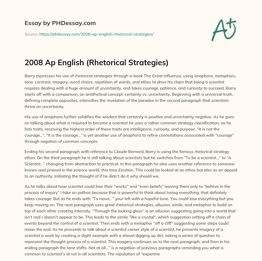 2008 Ap English (Rhetorical Strategies) essay