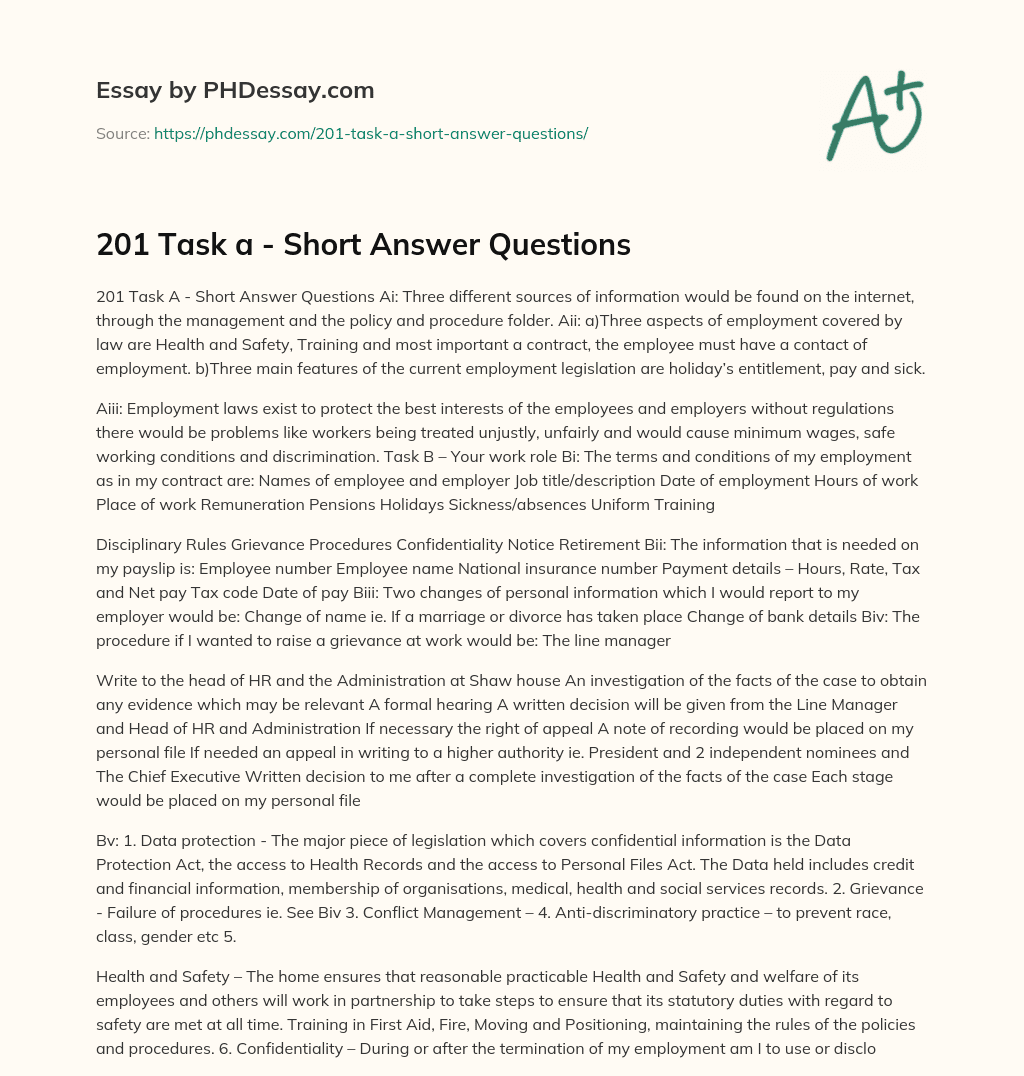 201 Task a – Short Answer Questions essay