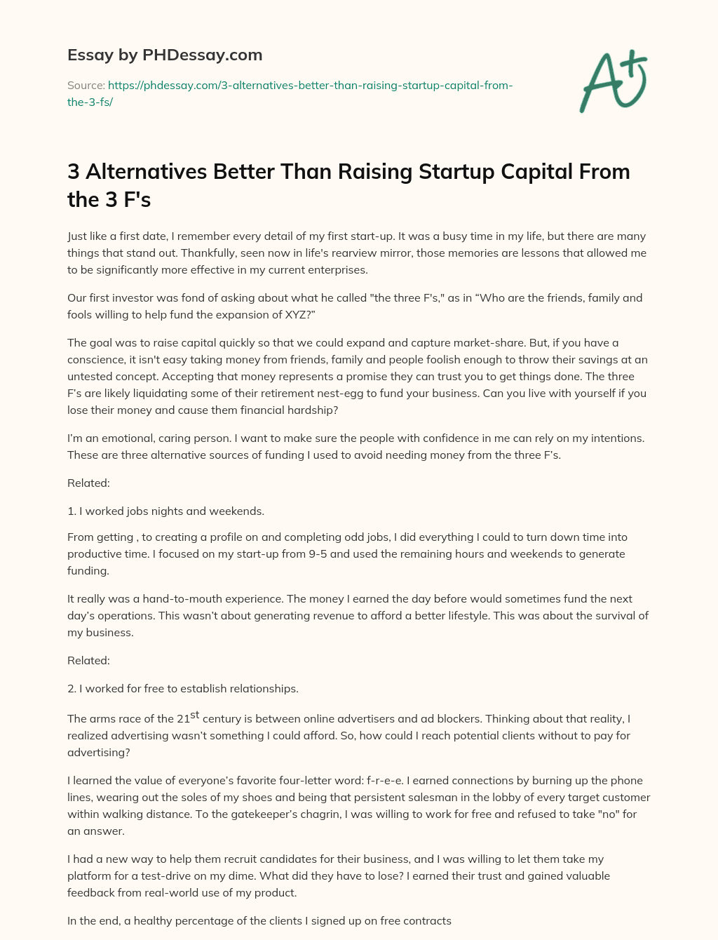 3 Alternatives Better Than Raising Startup Capital From the 3 F’s essay