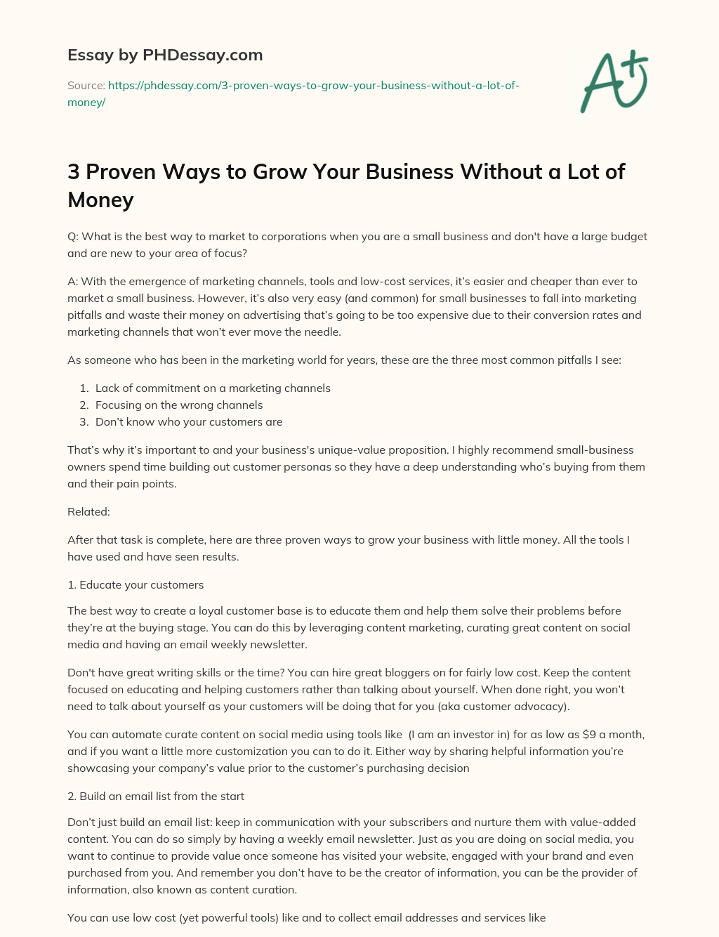3 Proven Ways to Grow Your Business Without a Lot of Money essay