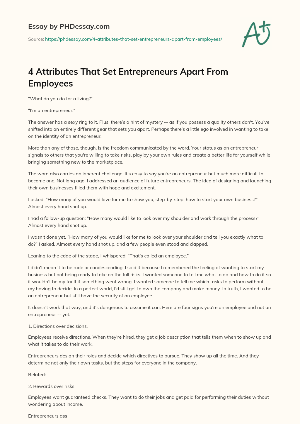 4 Attributes That Set Entrepreneurs Apart From Employees essay