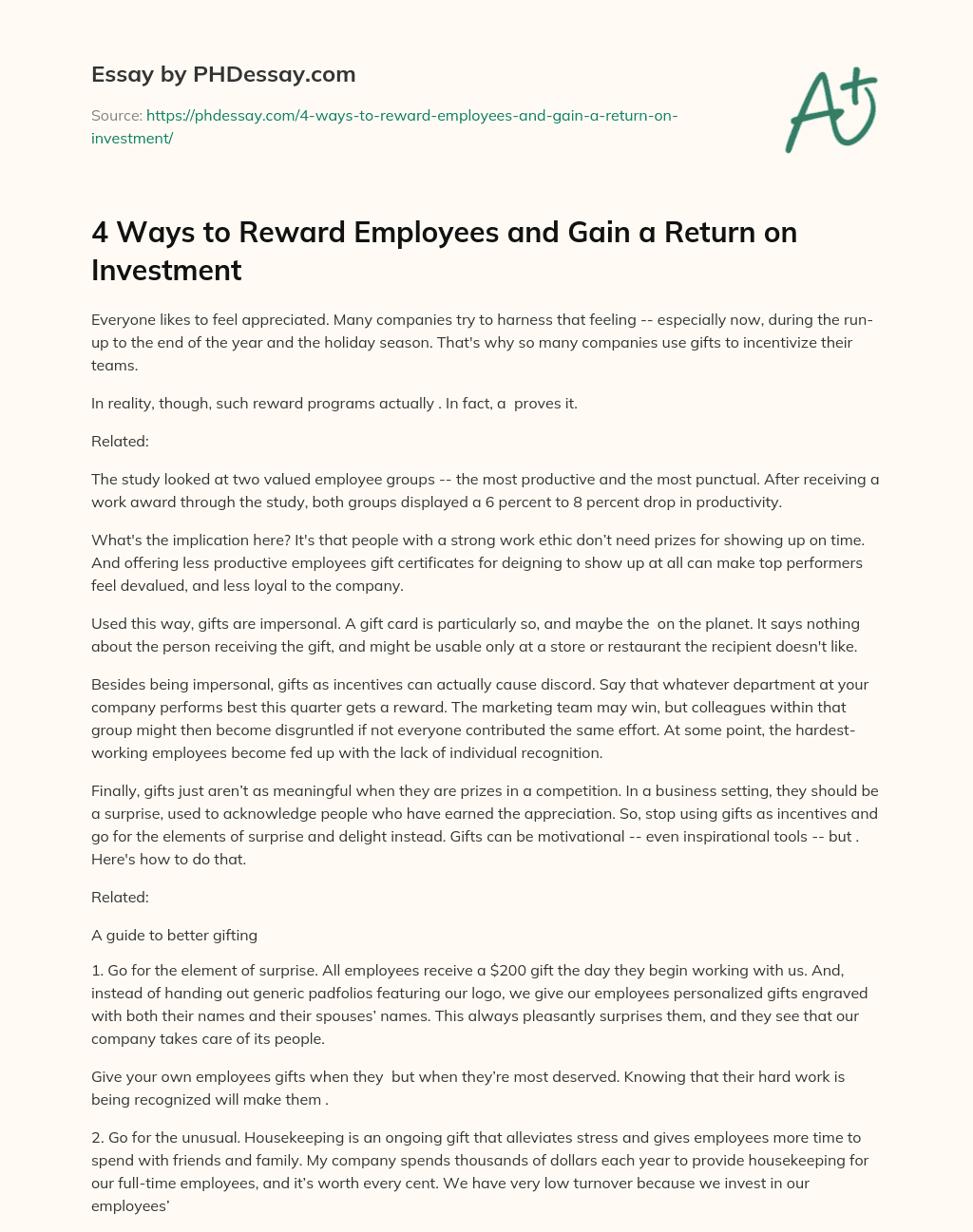 4 Ways to Reward Employees and Gain a Return on Investment essay