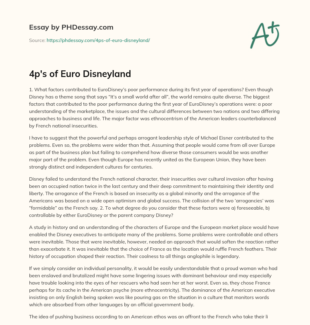 4p’s of Euro Disneyland essay