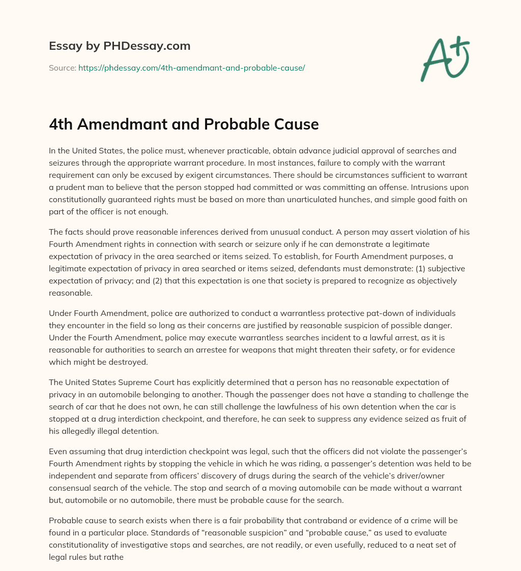 4th Amendmant and Probable Cause essay