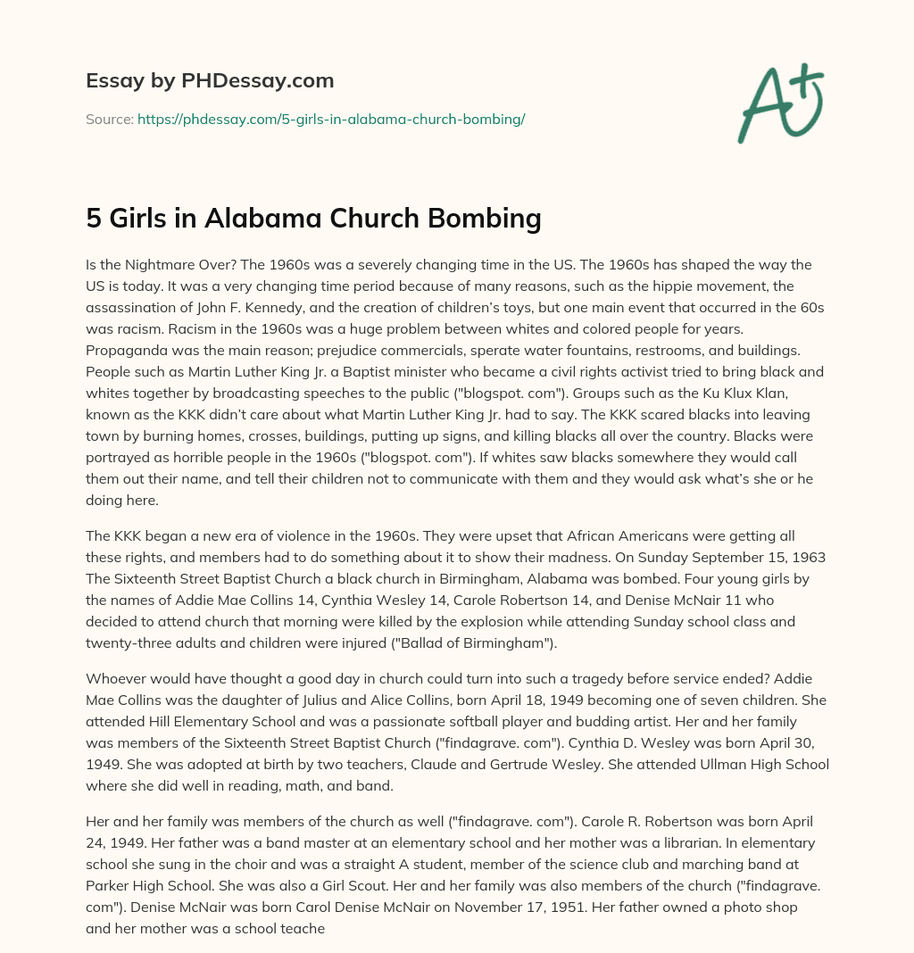 5 Girls in Alabama Church Bombing essay