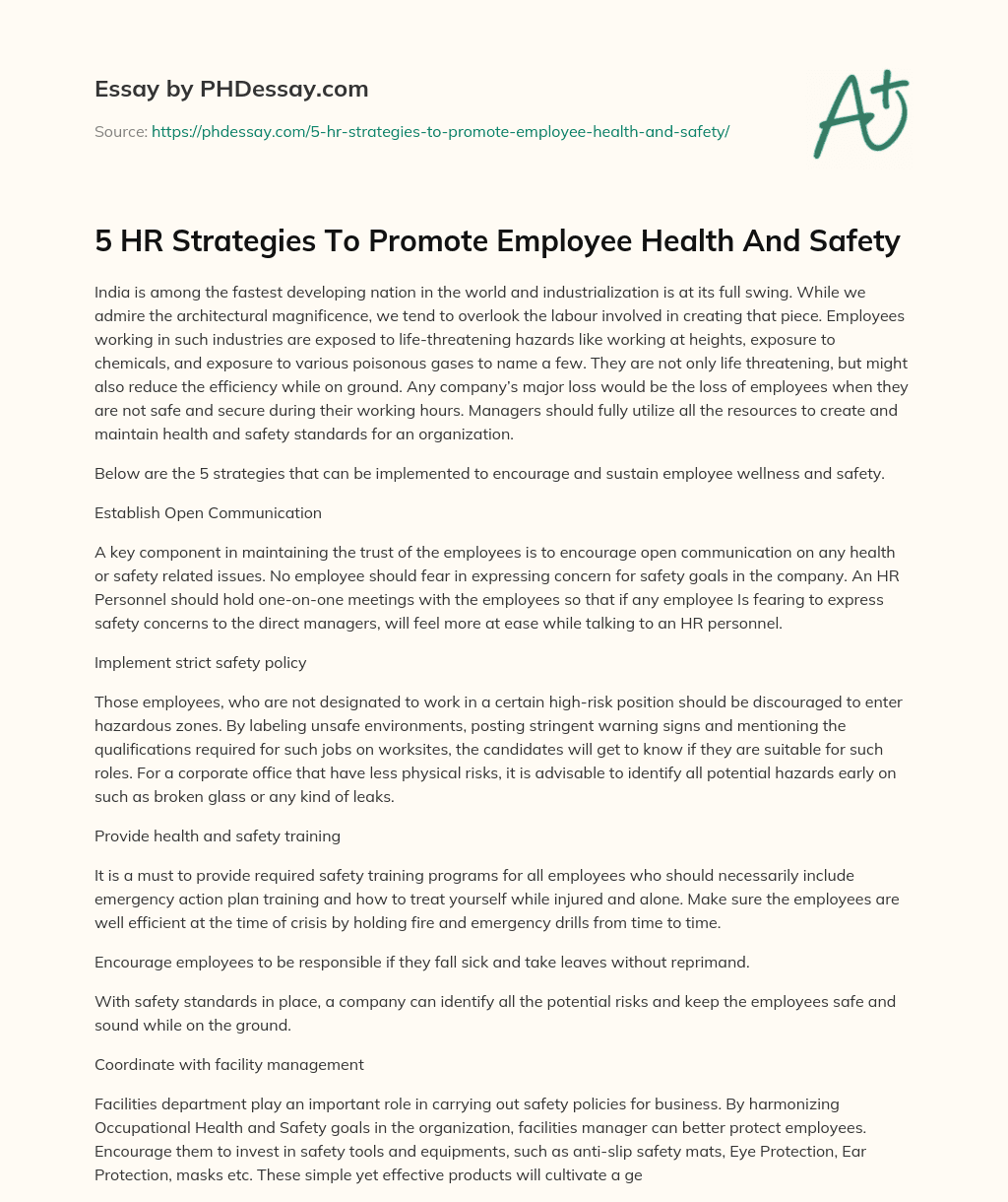 5 HR Strategies To Promote Employee Health And Safety essay
