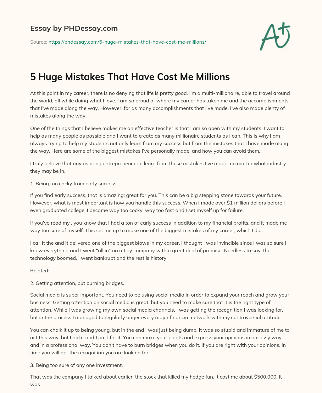 5 Huge Mistakes That Have Cost Me Millions essay