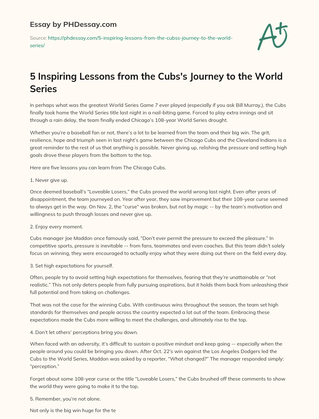 5 Inspiring Lessons from the Cubs’s Journey to the World Series essay