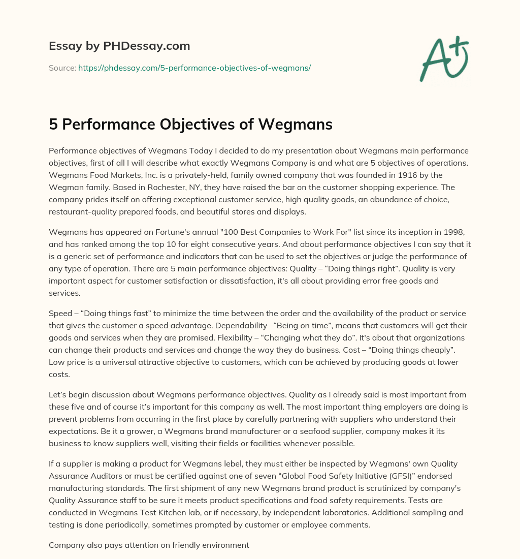 5 Performance Objectives of Wegmans essay