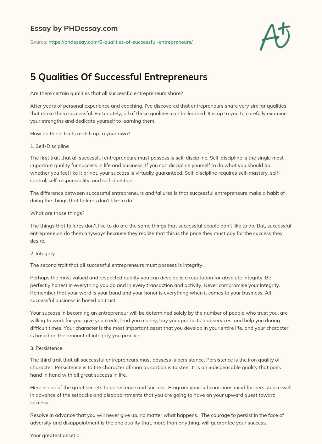 characteristics of successful entrepreneurs essay