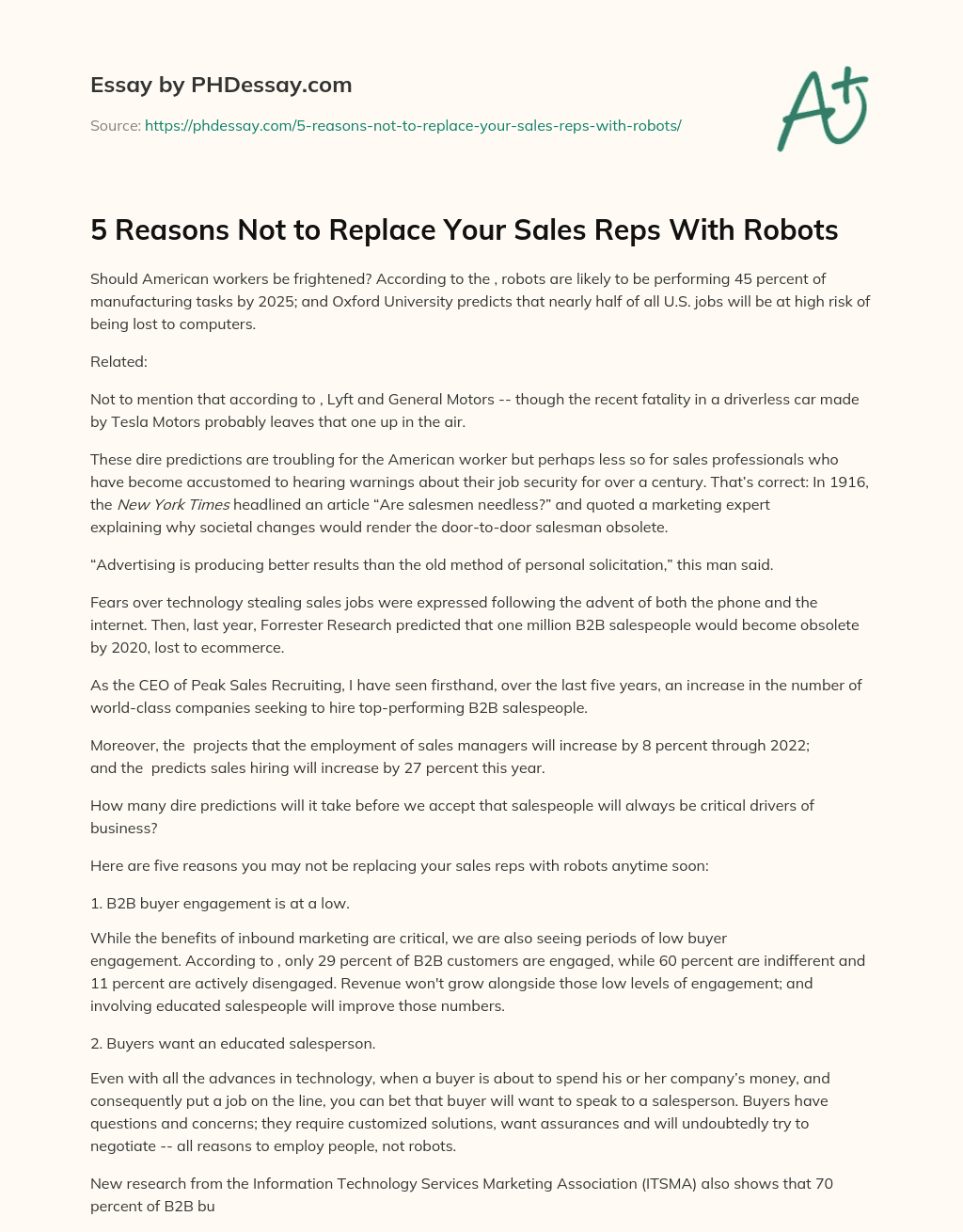 5 Reasons Not to Replace Your Sales Reps With Robots essay