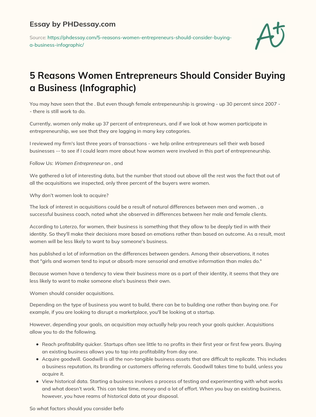 5 Reasons Women Entrepreneurs Should Consider Buying a Business (Infographic) essay