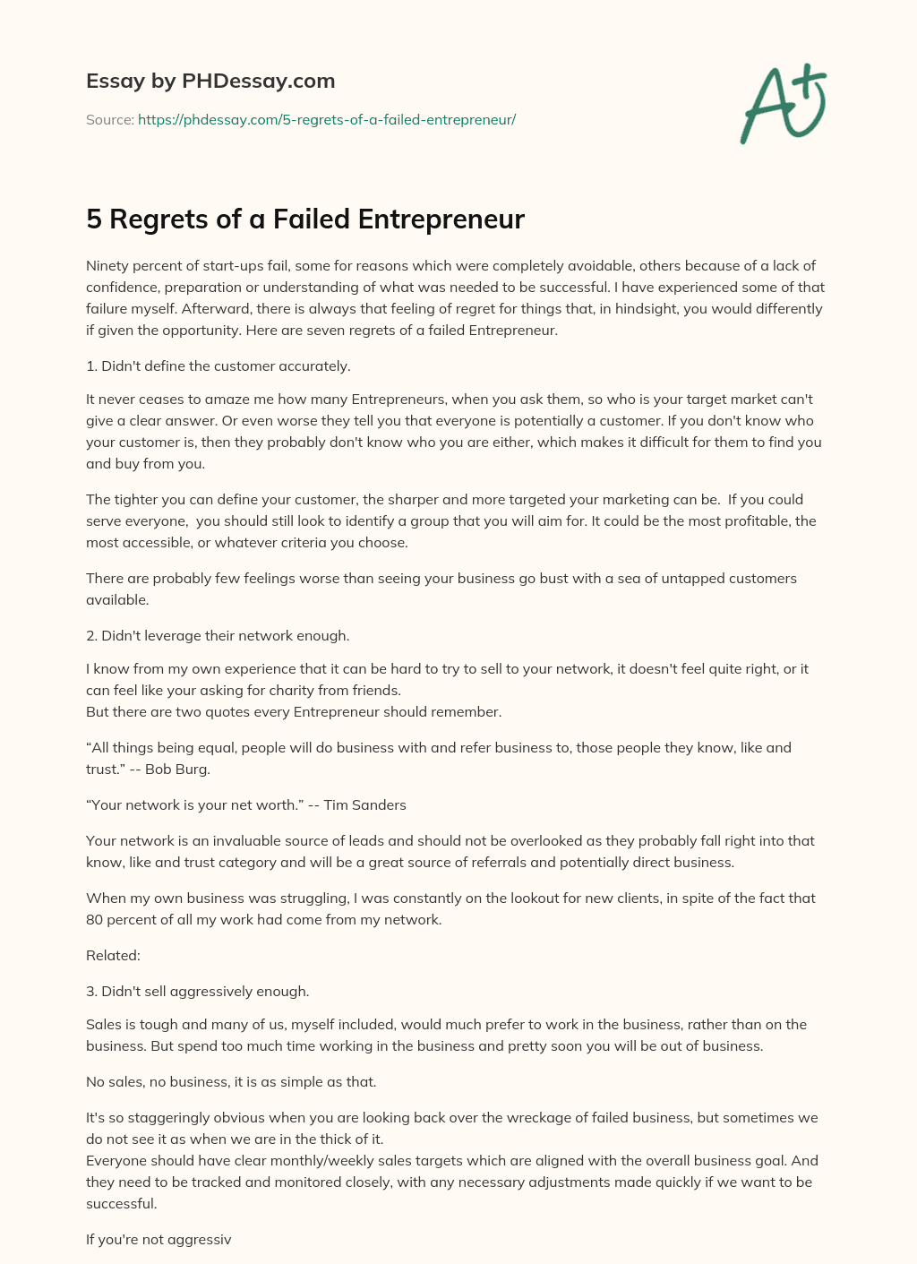 5 Regrets of a Failed Entrepreneur essay