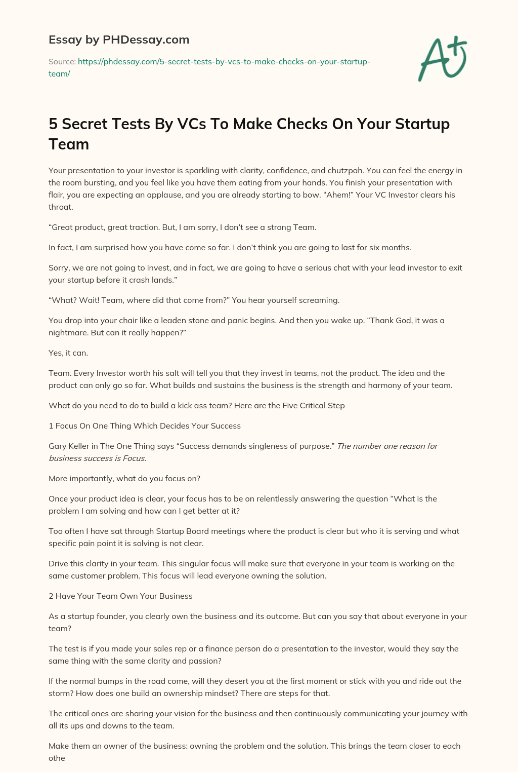5 Secret Tests By VCs To Make Checks On Your Startup Team essay