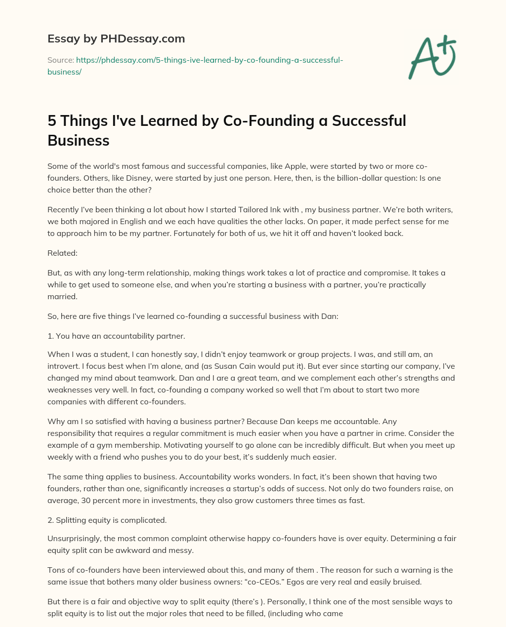 5 Things I’ve Learned by Co-Founding a Successful Business essay