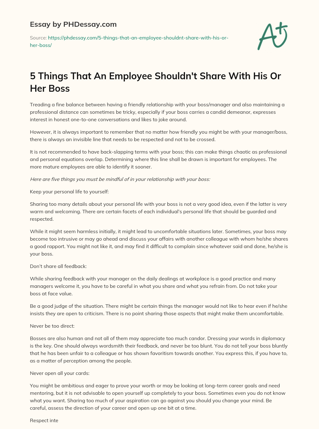 5 Things That An Employee Shouldn’t Share With His Or Her Boss essay