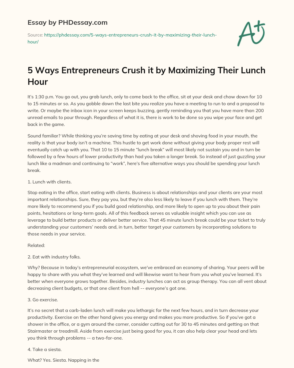 5 Ways Entrepreneurs Crush it by Maximizing Their Lunch Hour essay