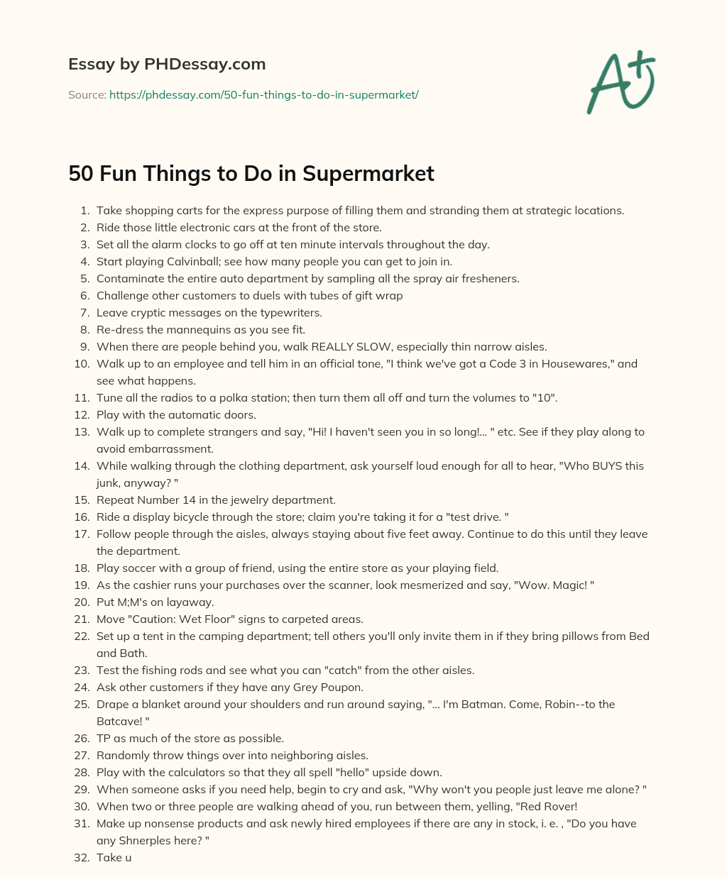 50 Fun Things to Do in Supermarket essay