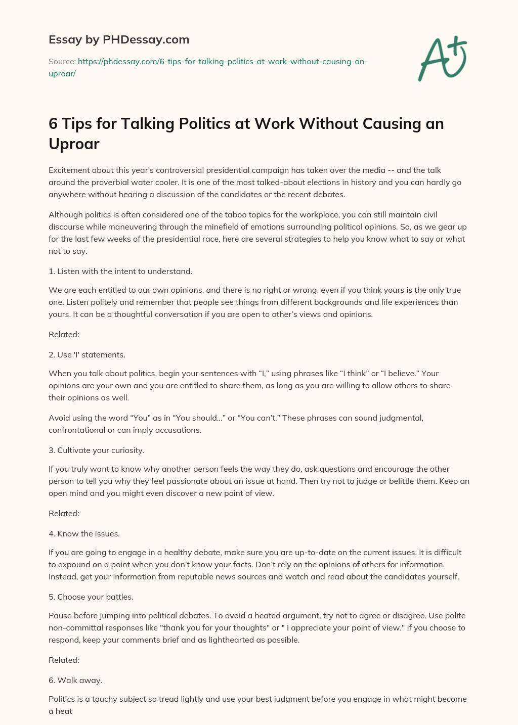 6 Tips for Talking Politics at Work Without Causing an Uproar essay