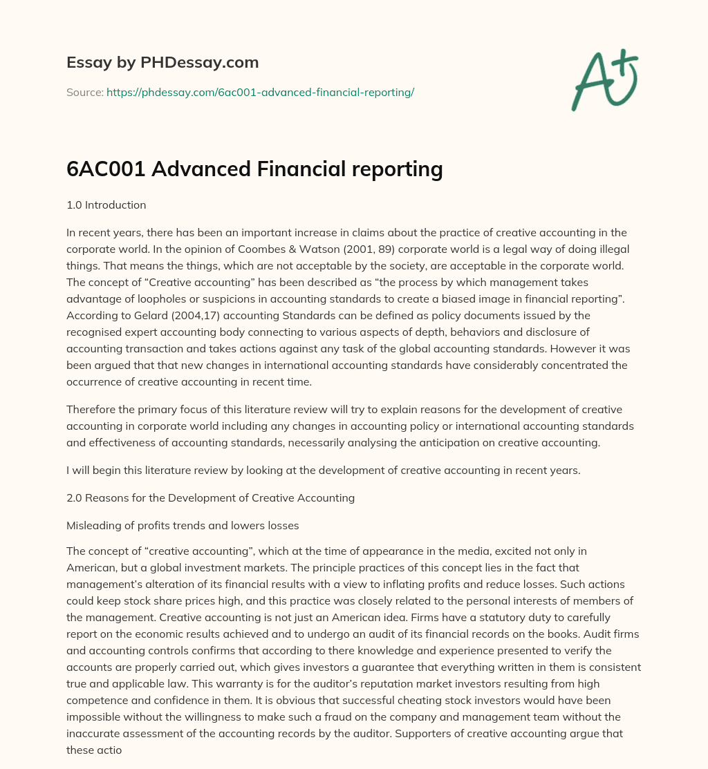 6AC001 Advanced Financial reporting essay
