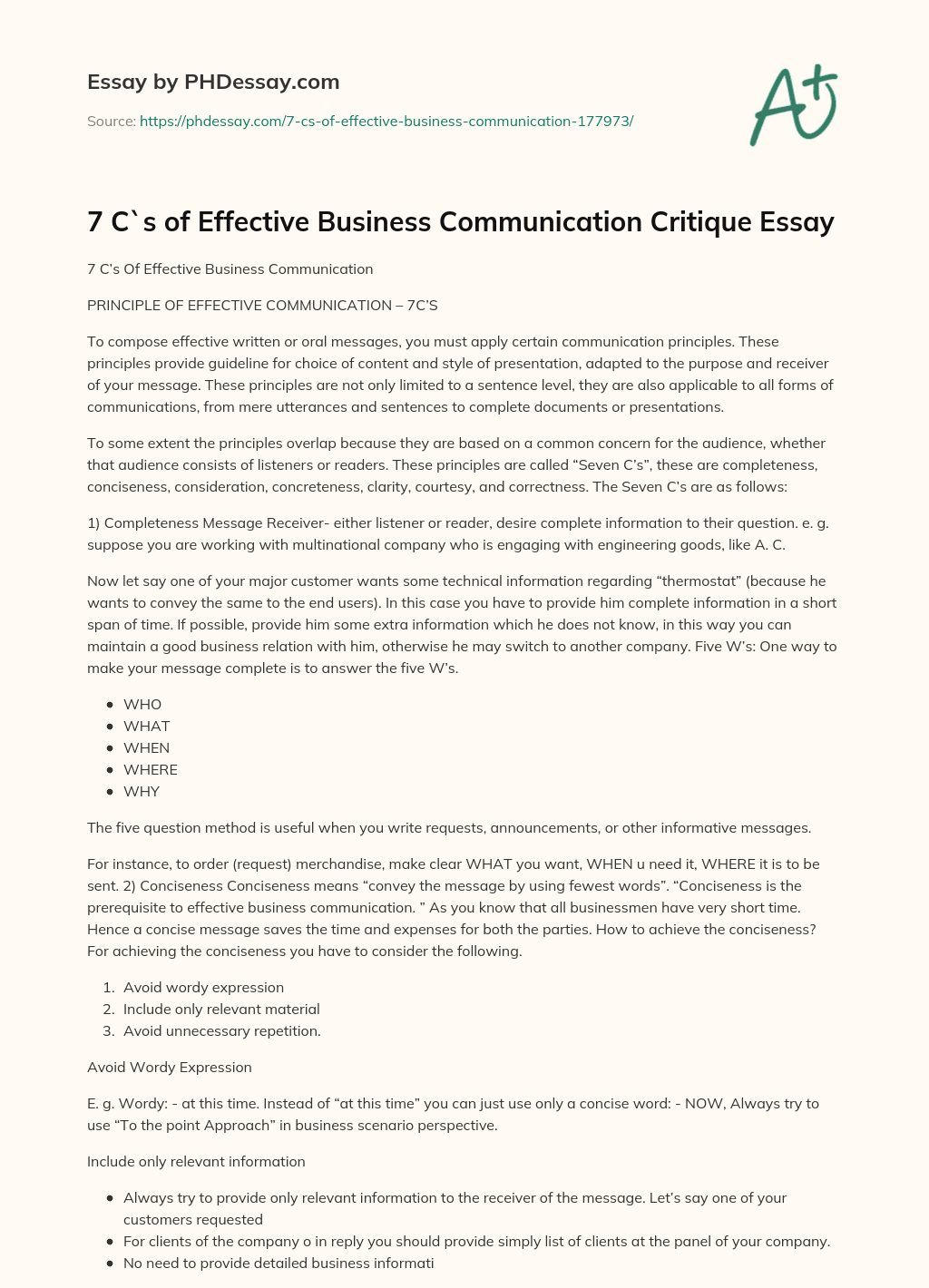 7 C`s of Effective Business Communication Critique Essay essay