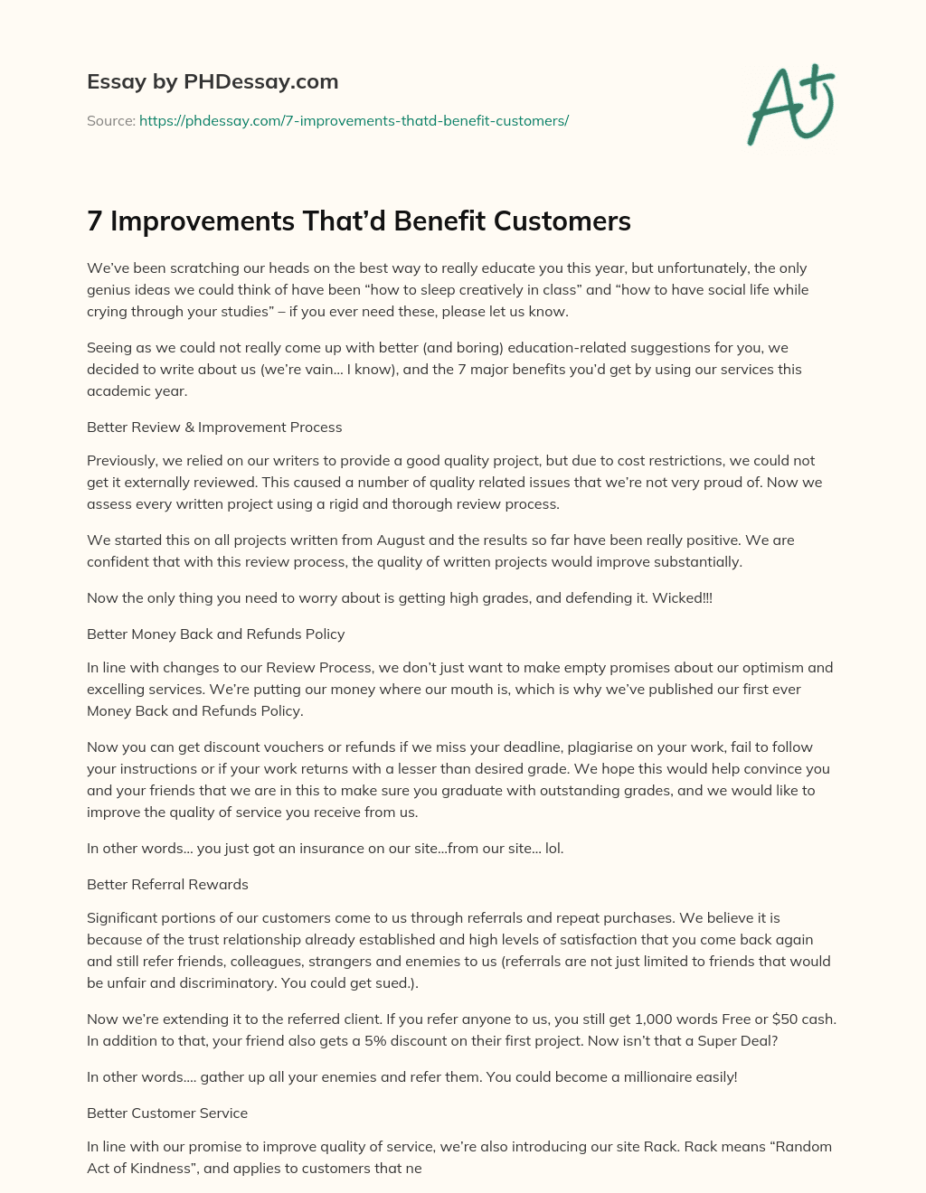 7 Improvements That’d Benefit Customers essay