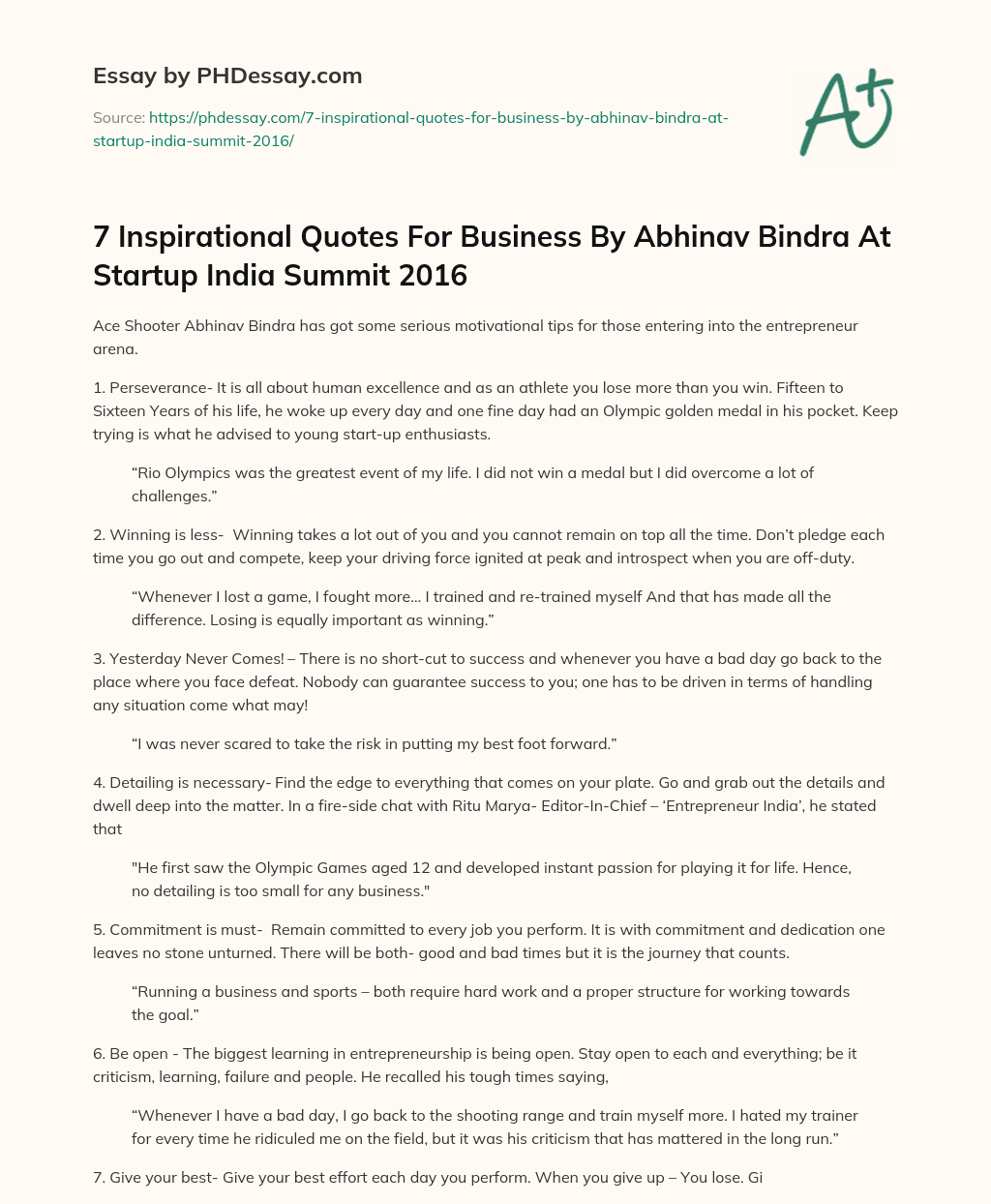 7 Inspirational Quotes For Business By Abhinav Bindra At Startup India Summit 2016 essay