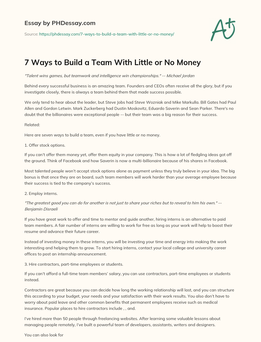 7 Ways to Build a Team With Little or No Money essay