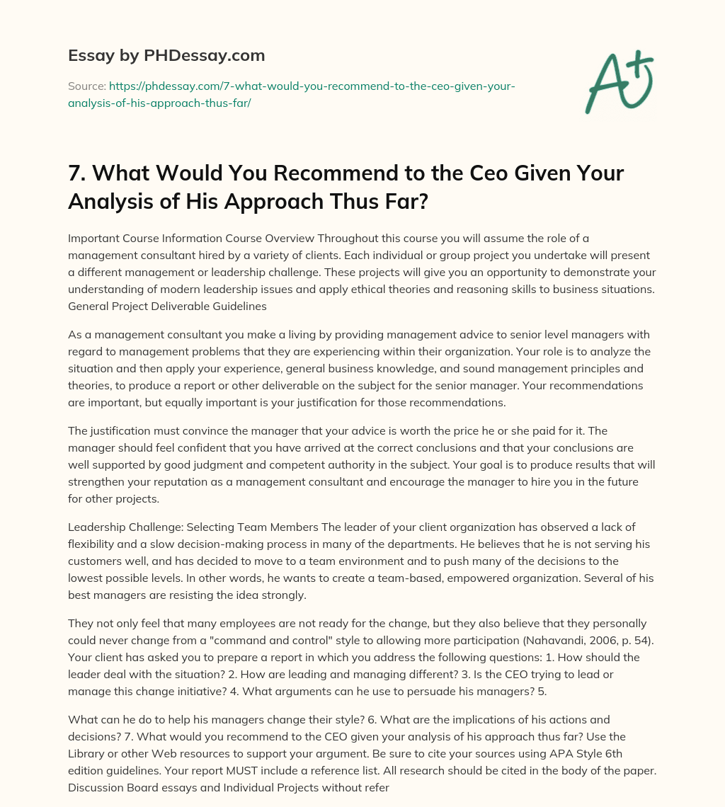Course Overview and General Project Deliverable Guidelines for Management Consultants essay